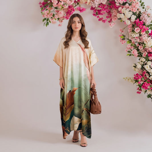 Ilana Kaftan – sage green floral print, front view