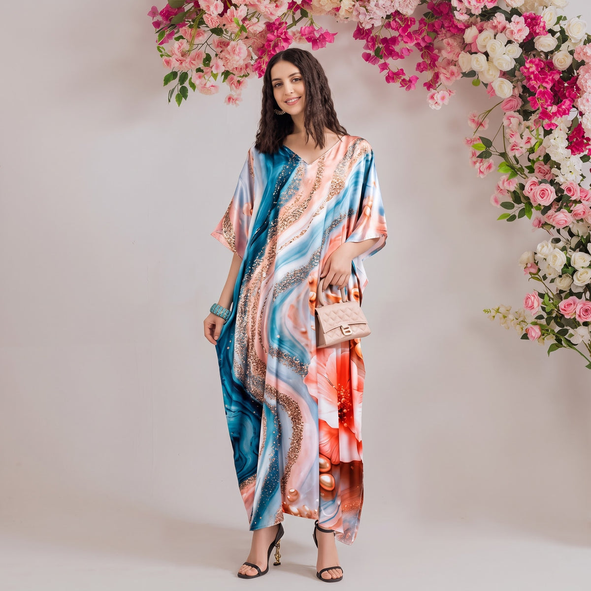Selene Kaftan – blush pink floral print, front view