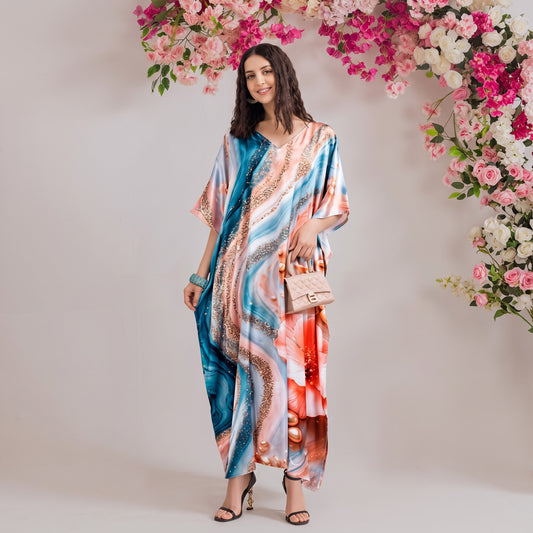 Selene Kaftan – blush pink floral print, front view
