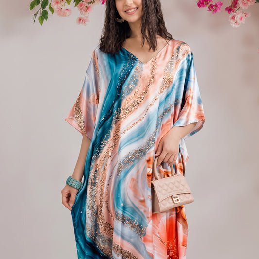 Selene Kaftan – close-up of the blush pink floral print