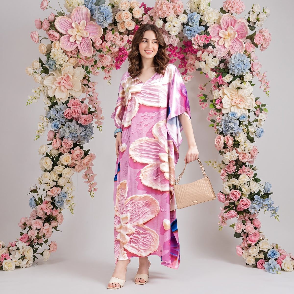 Marin Kaftan – blush pink floral print, front view