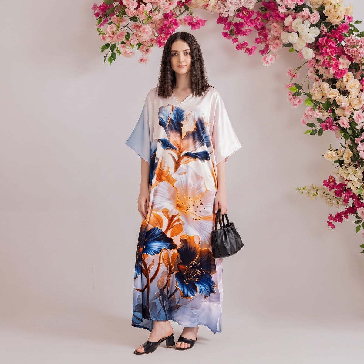Verena Kaftan – slate blue floral print, front view
