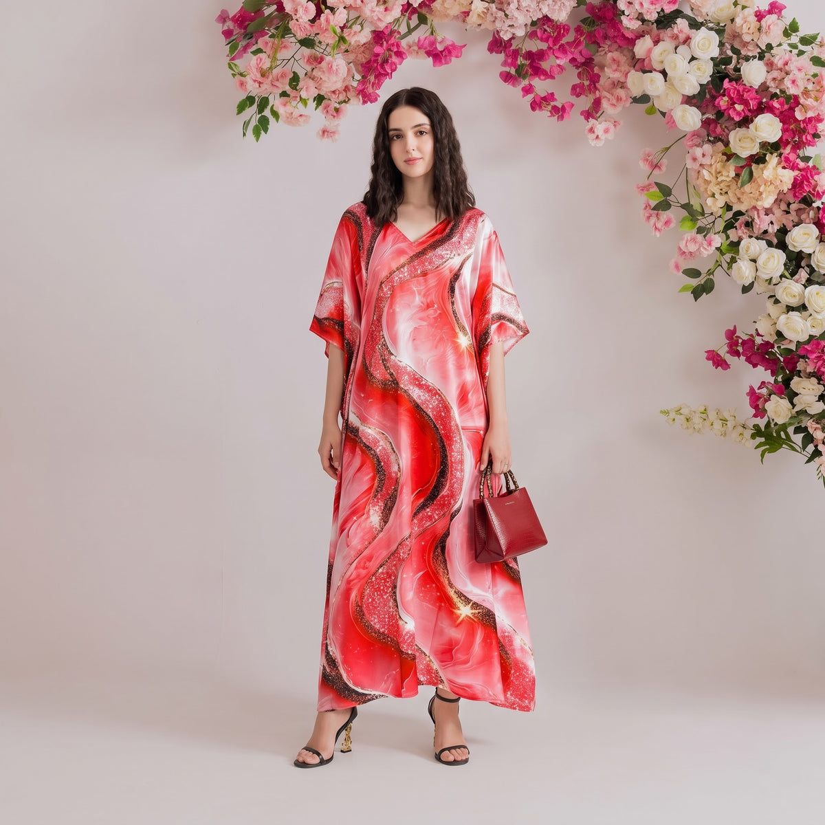 Calla Kaftan – rose pink floral print, front view