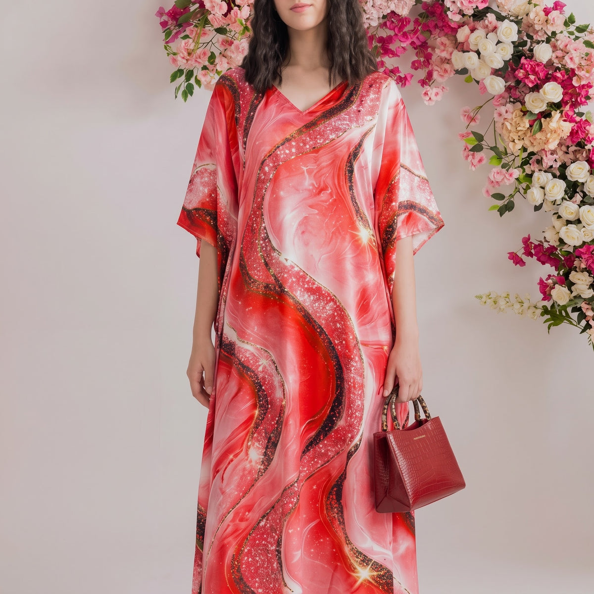 Calla Kaftan – close-up of the rose pink floral print