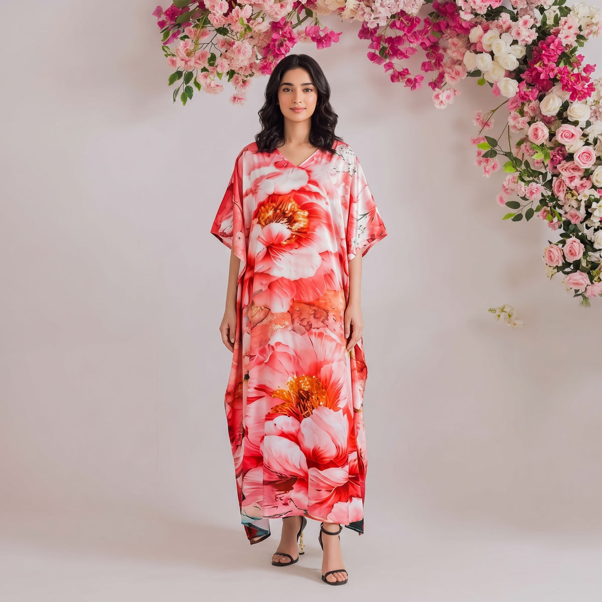 Faye Kaftan – peach floral print, front view