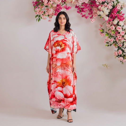 Faye Kaftan – peach floral print, front view