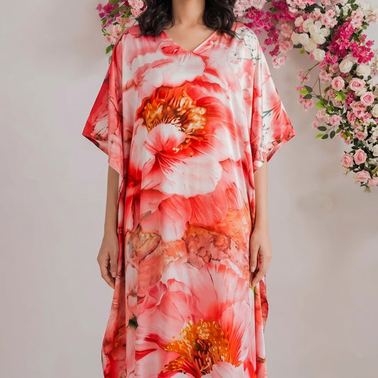 Faye Kaftan – close-up of the peach floral print