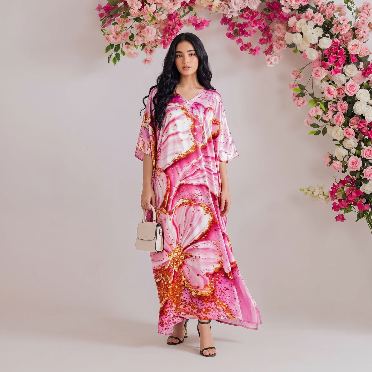 Elowen Kaftan – blush pink floral print, front view