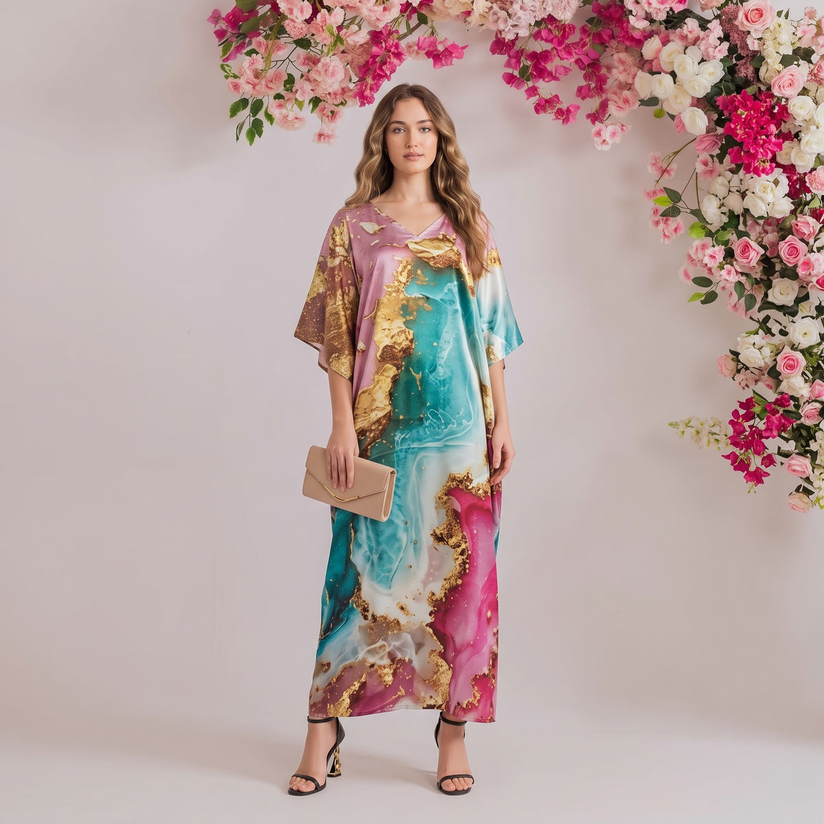 Riona Kaftan – ivory ombre floral print, front view