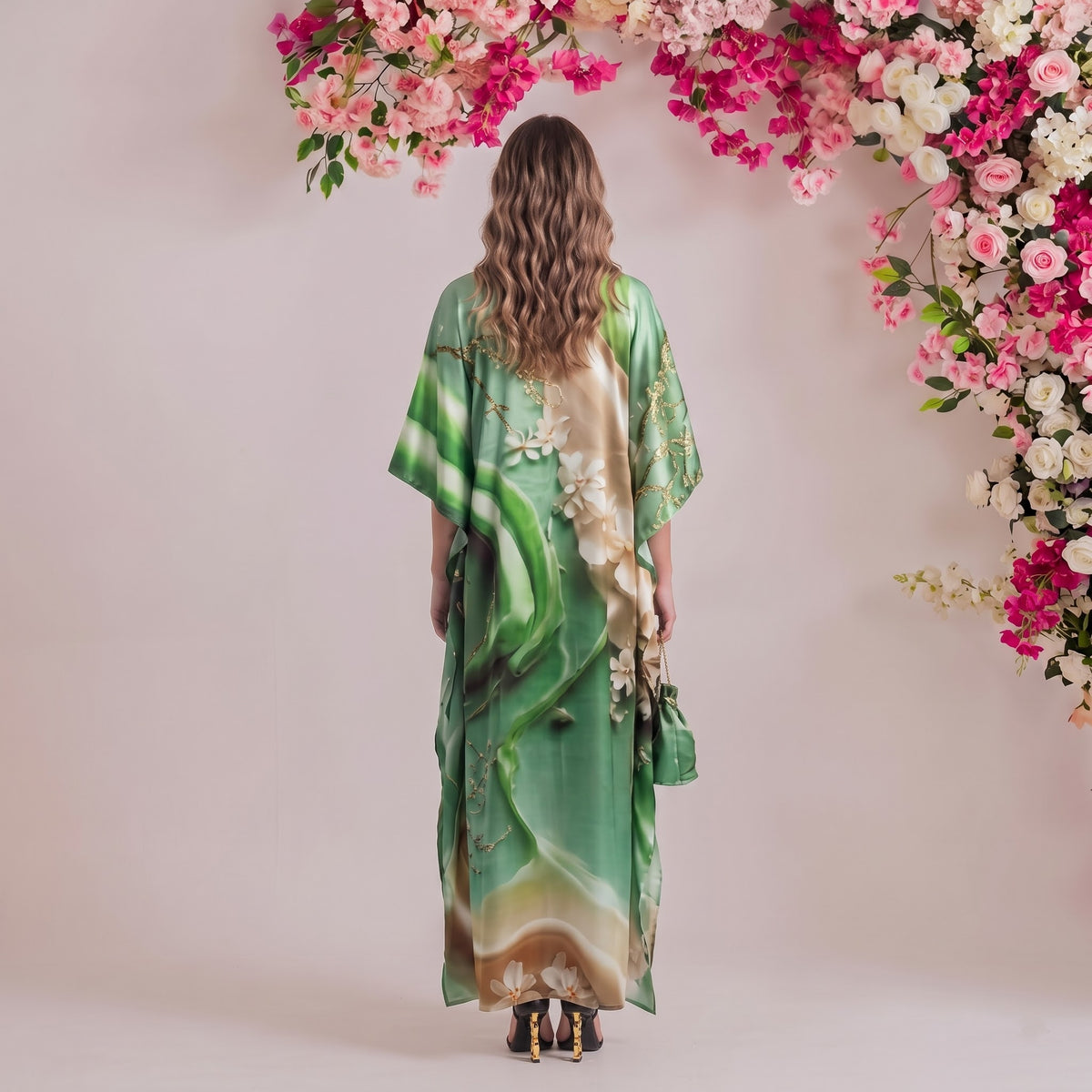 Elyse Kaftan – back view of the flowing kaftan silhouette