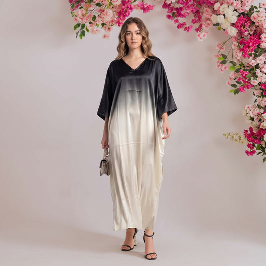 Anisa Kaftan – charcoal & ivory floral print, front view