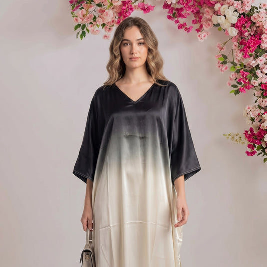 Anisa Kaftan – close-up of the charcoal & ivory floral print