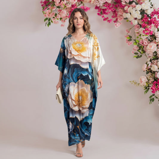 Alaya Kaftan – teal & gold floral print, front view