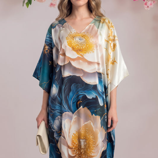 Alaya Kaftan – close-up of the teal & gold floral print