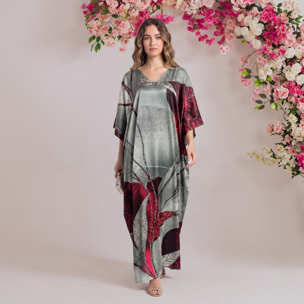 Kiya Kaftan – slate & wine floral print, front view