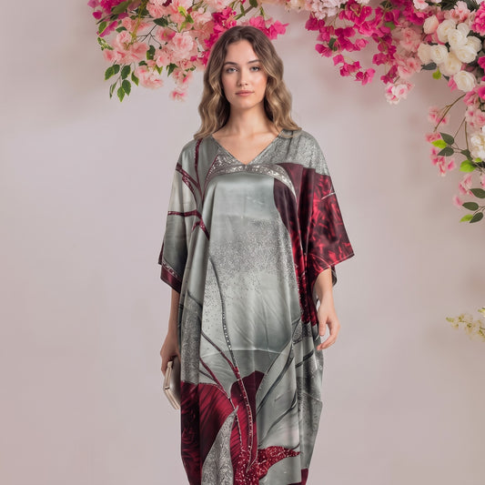 Kiya Kaftan – close-up of the slate & wine floral print